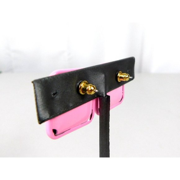 Pink Oversized Square Button Style Pierced Earrings Pushback Closure - Picture 5 of 7